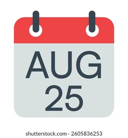25 August Calendar Icon, Isolated Vector Calendar Icon.