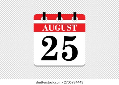 25 August Calendar icon vector, 25 dates of August month calendar icon, dates of August 25 icon calendar, vector calendar icon.
