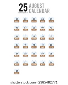 25 August Calendar icons Pack vector illustration.