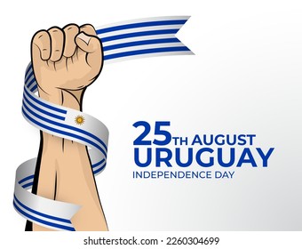 25 de agosto. Imagen vectorial de la tarjeta de felicitación del Día de la Independencia para el país de Uruguay con puños apretados y una cinta de bandera. Usar para banners en fondo blanco.