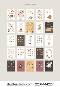 25 Autumn mood greeting card poster template big bundle. Hello fall season thanksgiving  Halloween invitation. Pumpkin, leaf, cute, cozy. Minimalist postcard hand drawn vector set isolated on white