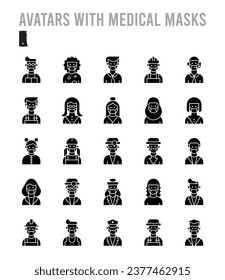 25 Avatars With Medical Masks Outline icons Pack vector illustration.