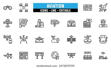 25 iconos de aviación conjunto, línea de Vector, trazo editable.