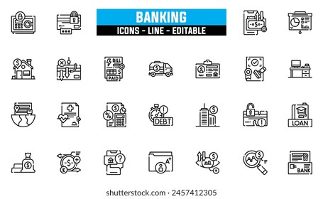 25 banking icons set, vector line, editable stroke.