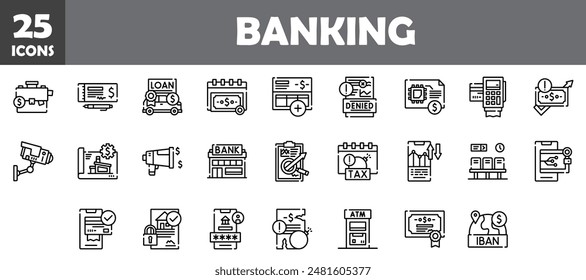 25 banking icons set, vector line, editable stroke.