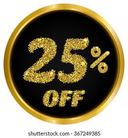 -25% banner.25 gold glitter text.Fifty percent off.25% off discount.Sale gold banner.