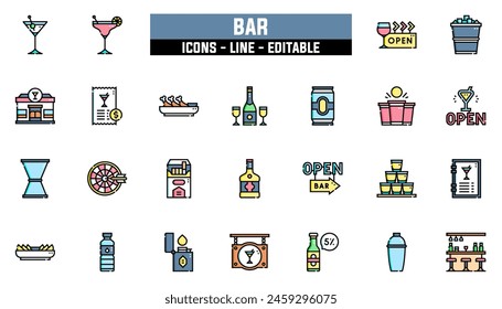 25 bar icons set, vector line, editable stroke.