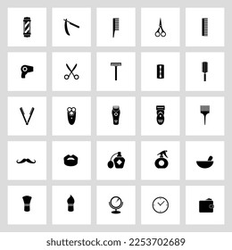 25 barbershop icons universal set for web and polygraphy. Equipment, tools, cosmetics vector icons