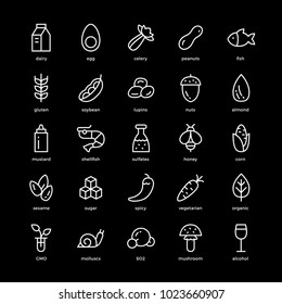 25 basic allergens and diet line icons set. Isolated on black background.