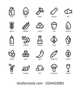 25 basic allergens and diet line icons set. Isolated on white background.