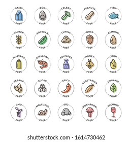 25 basic allergens and diet line icons set. Isolated on white background.