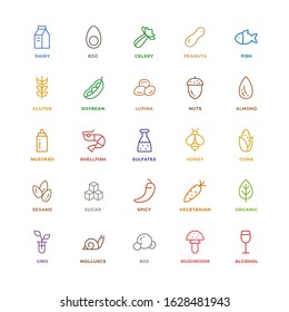 25 basic allergens and diet line icons set. Isolated on white background.