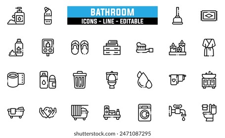 25 bathroom icons set, vector line, editable stroke.