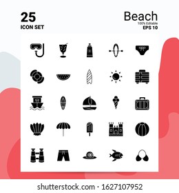 25 Beach Icon Set. 100% Editable EPS 10 Files. Business Logo Concept Ideas Solid Glyph icon design