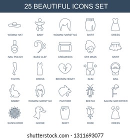 25 beautiful icons. Trendy beautiful icons white background. Included line icons such as woman hat, baby, woman hairstyle, skirt, dress, nail polish. beautiful icon for web and mobile.