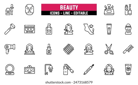 25 beauty icons set, vector line, editable stroke.