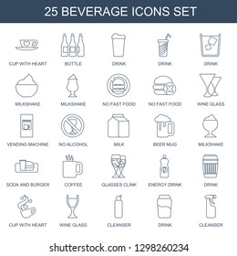 25 beverage icons. Trendy beverage icons white background. Included line icons such as cup with heart, bottle, drink, milkshake, no fast food. beverage icon for web and mobile.