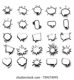 25 Big set picture blank template pop art style comic text speech bubble halftone dot background. Comics book dialog empty cloud, space cartoon box pop-art. Creative idea conversation sketch explosion