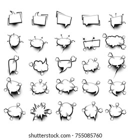 25 Big set picture blank template pop art style comic text speech bubble halftone dot background. Comics book dialog empty cloud, space cartoon box pop-art. Creative idea conversation sketch explosion