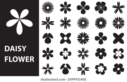 25 black daisy flower isolated on white background. Flat lay, top view. Floral pattern, object . Daisy flower vector. EPS 10	
