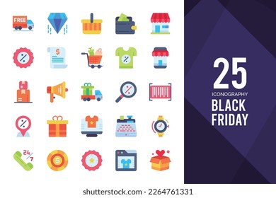 Paquete de iconos de 25 Black Friday Flat. ilustración vectorial.