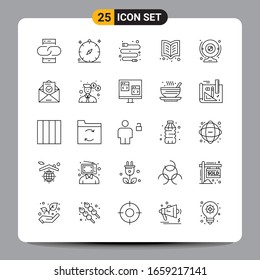 25 Símbolos de esquema del paquete de iconos negros Señales de diseño responsable en fondo blanco. Juego De 25 Iconos.