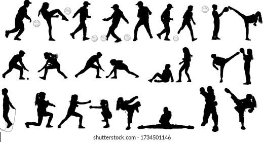 25 black silhouettes of girls and boys playing soccer with the ball and doing martial arts