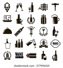 25 black vector icons of food and drinks, wine and beer symbols on a white background