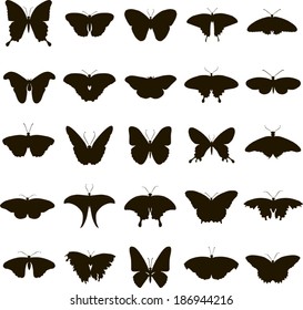 25 black vector silhouette butterfly on white background