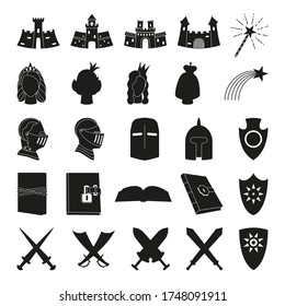 25 black and white fairytale elements. Medieval festival props. Fairy tale theme vector illustration for icon, stamp, label, certificate, gift card, invitation, coupon or sale banner decoration