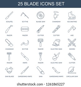 25 blade icons. Trendy blade icons white background. Included line icons such as scalpel, scythe, blade saw, chainsaw, ice skating, razor, cutter. blade icon for web and mobile.