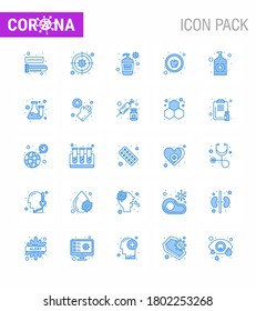 25 Blue Set of corona virus epidemic icons. such as wash; hand; bottle; healthy; apple viral coronavirus 2019-nov disease Vector Design Elements
