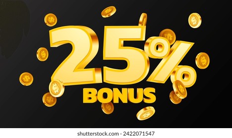 25% bonus. Falling golden coins. Cashback or prize concept. Vector illustration