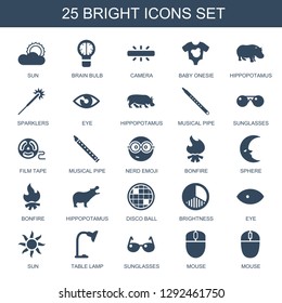 25 bright icons. Trendy bright icons white background. Included filled icons such as sun, brain bulb, camera, baby onesie, hippopotamus, sparklers. bright icon for web and mobile.