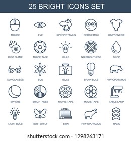 25 bright icons. Trendy bright icons white background. Included outline icons such as mouse, eye, hippopotamus, nerd emoji, baby onesie, disc flame. bright icon for web and mobile.