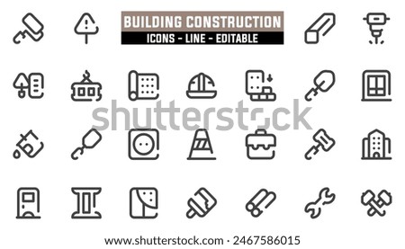 25 building construction icons set, vector line, editable stroke.