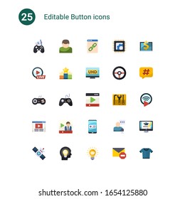 25 button flat icons set isolated on . Icons set with In-game Advertising, User, Web Link, Live Event Streaming, Ranking, 4K Streaming, joystick, Gaming, media player, Video blog icons.