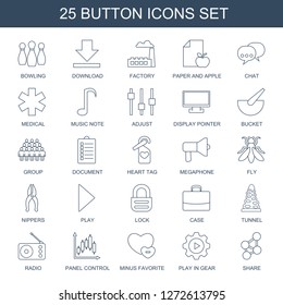 25 button icons. Trendy button icons white background. Included line icons such as bowling, download, factory, paper and apple, chat, medical. button icon for web and mobile.