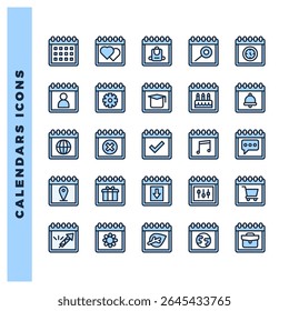 25 Calendars Two Color icon pack. vector illustration.
