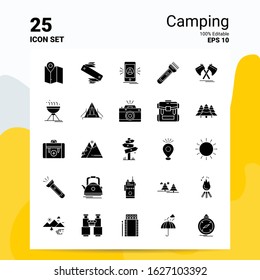 25 Camping Icon Set. 100% Editable EPS 10 Files. Business Logo Concept Ideas Solid Glyph icon design