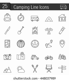 25 Camping line icons, vector eps10 illustration