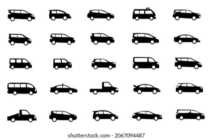 25 car icons set, cars symbol illustration vector. contain such icons car, vehicle, ambulance, bus, sedan, pickup and more. in white background