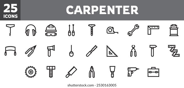 25 carpenter icons set, vector line, editable stroke.