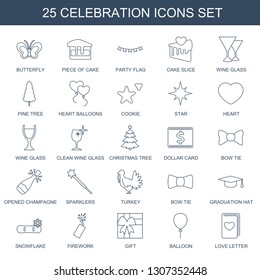 25 celebration icons. Trendy celebration icons white background. Included line icons such as butterfly, piece of cake, party flag, cake slice. celebration icon for web and mobile.