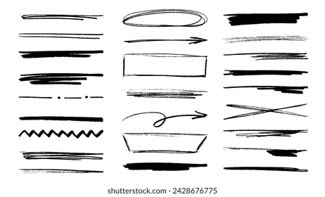 25 charcoal strokes for highlighting. Set of black hand drawn underline elements. Collection of vector grunge lines, circles, ovals, rectangles and arrows. Rough strokes for accent and emphasis.