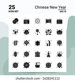 25 Chinese New Year Icon Set. 100% Editable EPS 10 Files. Business Logo Concept Ideas Solid Glyph icon design