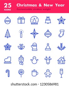 25 Christmas and New Year Icons. Linear icons set. Customizable stroke weight to match your project.