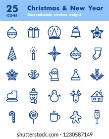 25 Christmas and New Year Icons. Linear icons set. Customizable stroke weight to match your project.