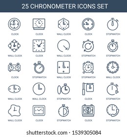 25 chronometer icons. Trendy chronometer icons white background. Included outline icons such as clock, wall clock, stopwatch. chronometer icon for web and mobile.