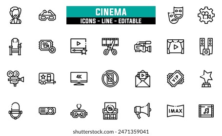 25 cinema icons set, vector line, editable stroke.